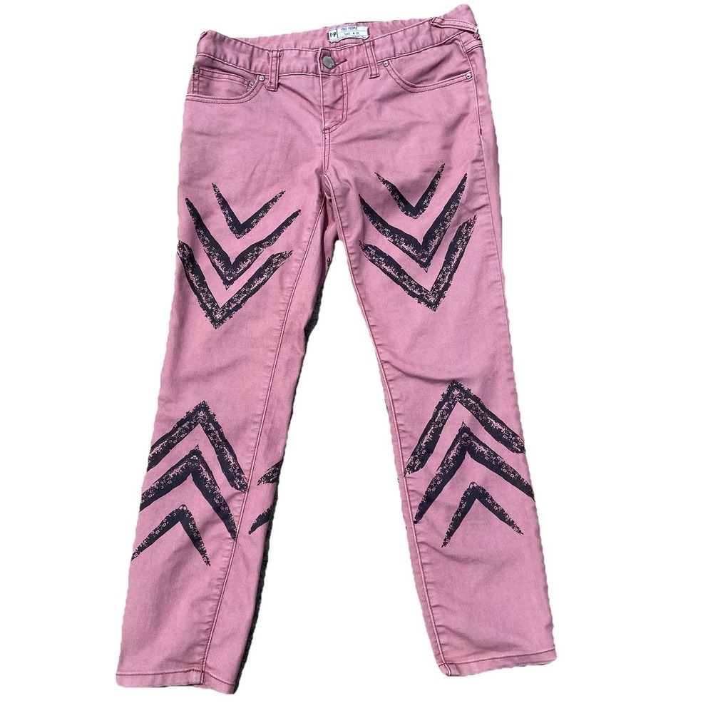 Free People Tribal Aztec Boho Pink Rose Denim Skinny Pants‎ Size 28x27
